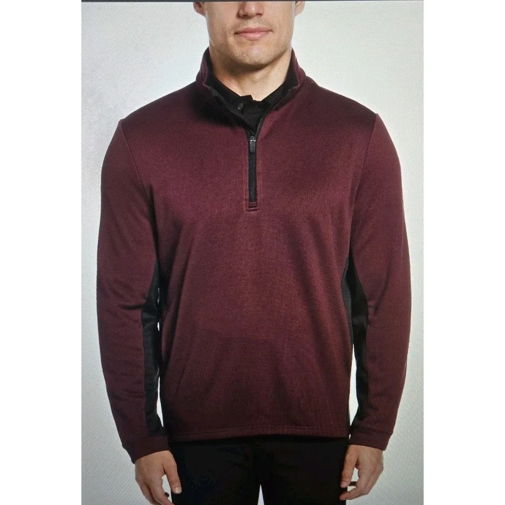 PGA Tour Sweater SMALL Jacquard Burgundy Quarter Zip Pullover Stretch NEW